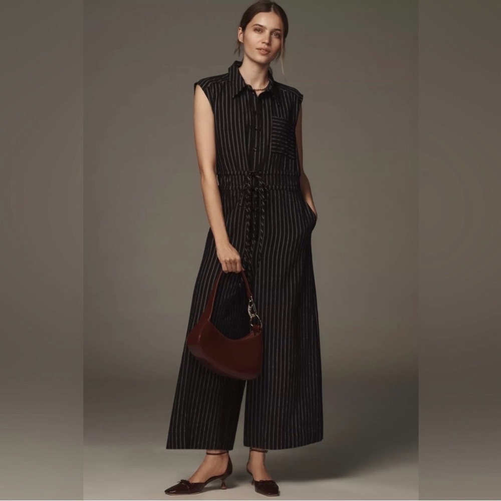 Anthropologie Maeve Crop Wide-Leg Shirt Jumpsuit in Black XS